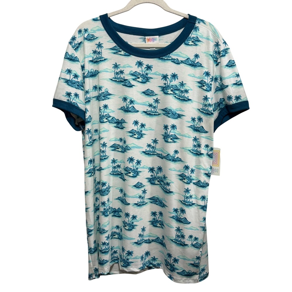 LuLaRoe Liv Ringer Tee 2XL Womens Blue White Tropical Palm Tree Island Print NWT